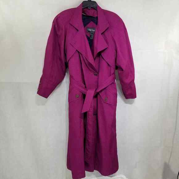 Vintage Women's Portrait Belted Trench Coat Raspberry Purple Size 12 Zip Out - Picture 1 of 12
